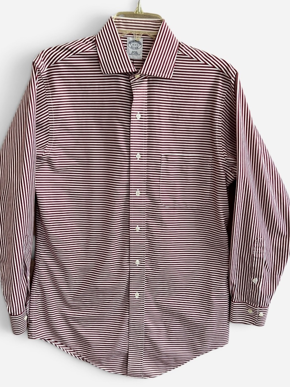BROOKS BROTHERS Sz 15-2/3 Slim Diagonal Striped Shirt Cotton Burgundy White LS